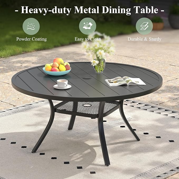 Patio Dining Set for 6, 47.2" Outdoor Dining Table and Chairs Set with Stackable Patio Chairs Outdoor Furniture for Garden Deck Backyard, Black Table and Black Chairs