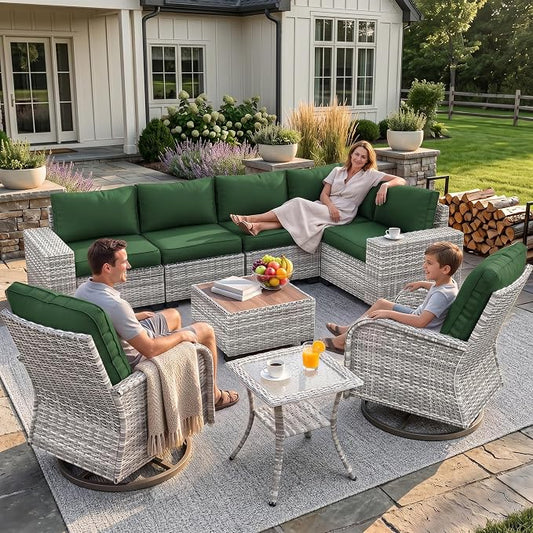 9-Piece Outdoor Patio Furniture Set with Rocking Swivel Chair Wicker Sectional Sofa Set, Patio Conversation Set with Thickened Cushions & Coffee Table for Garden, Backyard, Green