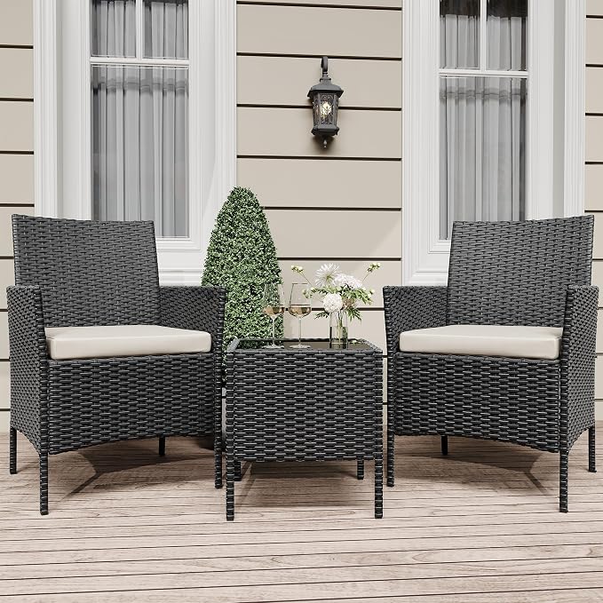 GarveeLife 3 Piece Patio Furniture Set, Rattan Outdoor Furniture with 2 Chairs & Coffee Table, Modern Outdoor Seating Conversation Bistro Set for Garden Backyard Porch (Black and Beige)