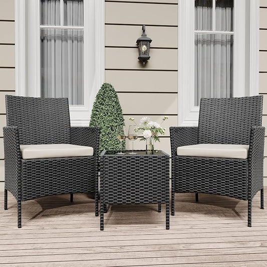 GarveeLife 3 Piece Patio Furniture Set, Rattan Outdoor Furniture with 2 Chairs & Coffee Table, Modern Outdoor Seating Conversation Bistro Set for Garden Backyard Porch (Black and Beige)