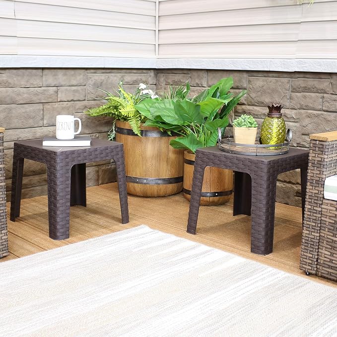 Sunnydaze Adirondack Small Outdoor Side Table for Balcony Essentials - Plastic Square End Table for Outside Patio - Brown - Set of 2