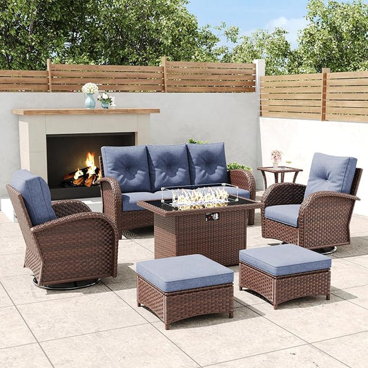 7 Pieces Outdoor Wicker Patio Swivel Rocking Chairs, All Weather Wicker Conversation Set with 44" Fire Pit Table