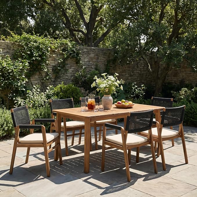 Christopher Knight Home Sky Acacia Wood Dining Table Set for 6, 7 Piece Patio Extendable Dining Table and Dining Chairs Set of 6 with Cushions & Rope Accents, Patio Furniture Set, Teak+Beige+Black
