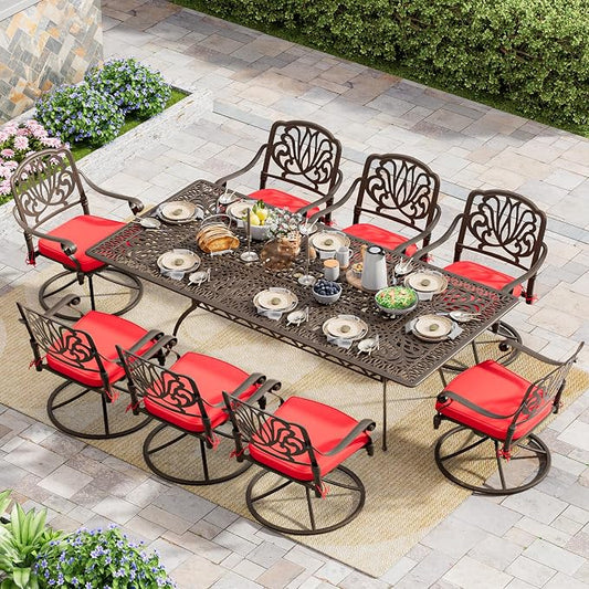 Grepatio 9 Piece Cast Aluminum Outdoor Dining Set, Patio Furniture Set with 2“ Umbrella Hole and 8 Swivel Chairs with Cushions, Patio Dining Furniture Set for Porch Poolside Garden (Red)