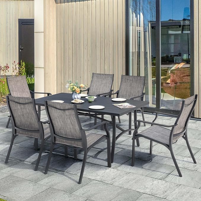 NUU GARDEN 7-Piece Patio Dining Set, Rust-Resistant Outdoor Dining Set, Include 6 Textilene Aluminum Chairs and Rectangular Dining Table with 1.6" Umbrella Hole and Aluminum Tabletop, Grayish Brown