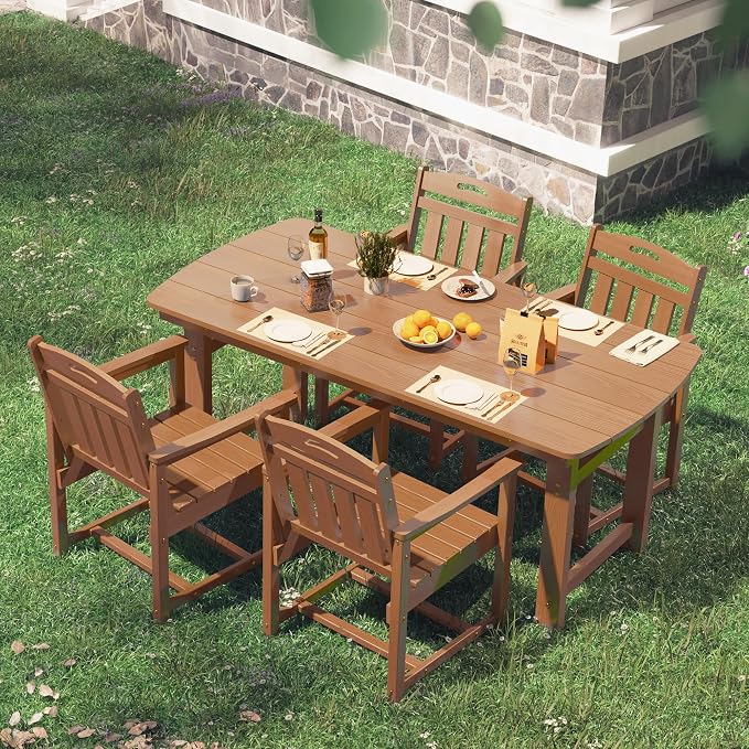 5-Piece Outdoor Dining Furniture Set with Chairs, All-Weather HDPE Patio Table and 4 Chairs, Umbrella Hole, for Garden Backyard or Deck - Teak