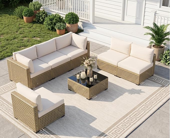 LOUVIXA 7 Piece Outdoor Patio Furniture Set, Outdoor Sectional Sofa, Wicker Rattan Patio Furniture, Patio Conversation Set with Coffee Table & Cushions