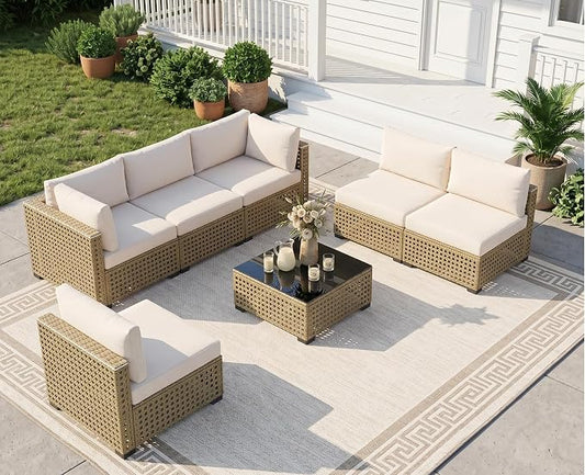 LOUVIXA 7 Piece Outdoor Patio Furniture Set, Outdoor Sectional Sofa, Wicker Rattan Patio Furniture, Patio Conversation Set with Coffee Table & Cushions