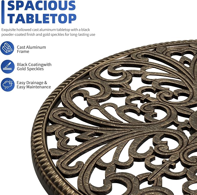 GAOMON 23" Cast Aluminum Patio Bistro Table with Umbrella Hole, Outdoor Round Coffee Bistro Side Table, Anti-Rust Outdoor Furniture for Backyard, Garden, Porch, Pool, Balcony, Bronze