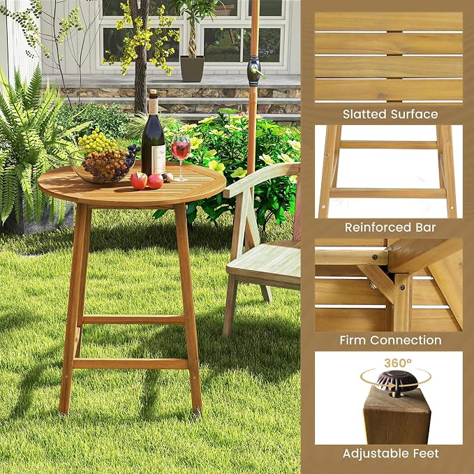 Tangkula 31.5” Acacia Wood Patio Bar Table, Round Bistro Table with Umbrella Hole, Outdoor Dining Table for Garden, Backyard, Poolside