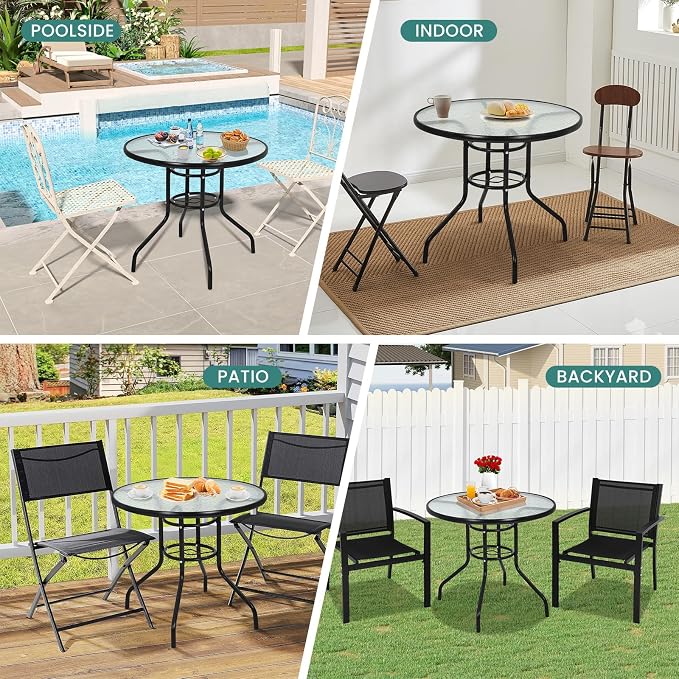32'' Patio Bistro Table Round Outdoor Coffee Table, Round Tempered Glass Top with Umbrella Hole, Outdoor Dining Table for Balcony Backyard Lawn and Garden, Black