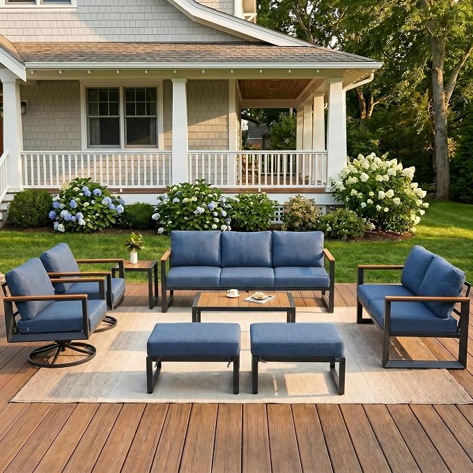 Aluminum Patio Conversation Set with Swivel Rocking Chairs, 7 Pieces Oversized Outdoor Sectional Furniture with Thick Cushions for Porch, Balcony, Yard