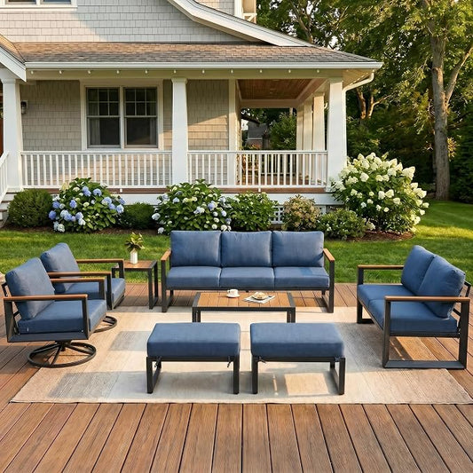 Aluminum Patio Conversation Set with Swivel Rocking Chairs, 7 Pieces Oversized Outdoor Sectional Furniture with Thick Cushions for Porch, Balcony, Yard