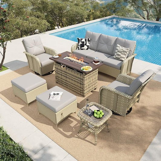 LazySunsets 9 Piece Outdoor Patio Furniture Set with 44'' Fire Pit Table, Wicker Rattan Outdoor Furniture with High Back Swivel Rocker Chairs, Outdoor Sofa Set with Thick Cushions & Ottoman, Grey
