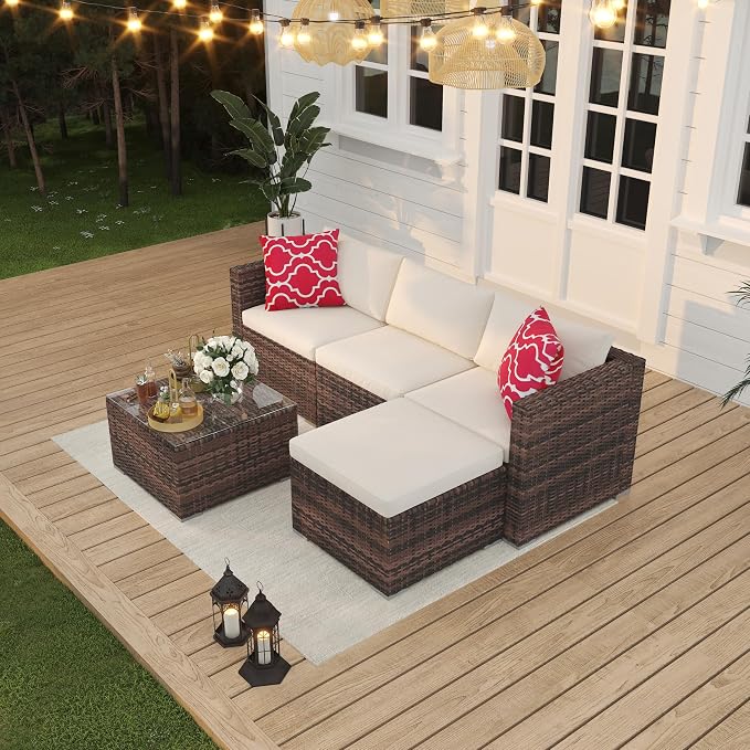 5 Piece Outdoor Patio Furniture Set, Rattan Deck Conversation Sofa Set with Non-Slip Cushions, All-Weather Sectional Sofa with Glass Storage Table and Balcony Footstool, Poolside, Garden, Porch, Brown