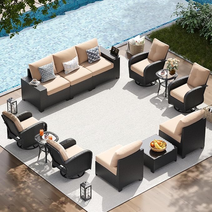 LazySunsets 12 PCS Patio Furniture Set, Outdoor Sectional All-Weather Wicker Conversation Set with Swivel Rocker Chairs, 4'' Thick Cushions for Backyard Poolside(Cream/Black)
