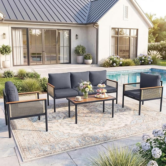 4 Pieces Patio Furniture Set, Outdoor Furniture Set with Table and Chairs, Metal Patio Conversation Sets with Thick Waterproof Cushions for Backyard, Garden, Poolside, Dark Grey (5 Seats)