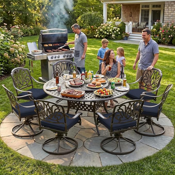 MEETWARM Outdoor 9-Piece Patio Dining Set, All-Weather Cast Aluminum Patio Conversation Set- 8 Cushioned Swivel Rocker, 61" Round Patio Dining Table w/Detachable Lazy Susan/Umbrella Hole, Navy Blue