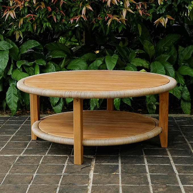 Cambridge Casual Seaside Wood Outdoor Coffee Table, Natural Teak/All-Weather Wicker