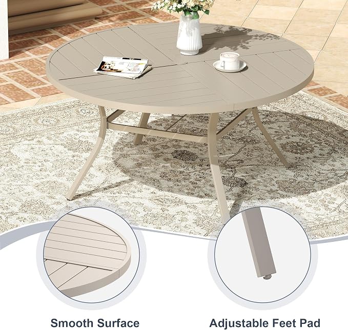 VICLLAX 7 Pieces Patio Outdoor Dining Set, 50" Round Metal Table with Umbrella Hole and 6 Stackable Textilene Chairs for Patio, Lawn, Garden, Porch, Sandshell