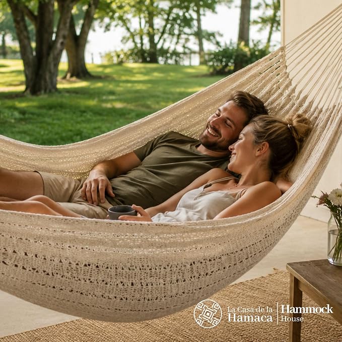 Double Hammock for 2 Person, 500 lbs Capacity – Handwoven Mexican Hammock, 100% Soft Cotton – 12 ft Mayan Hammock for Patio, Backyard, Indoor & Camping – Large, Beige