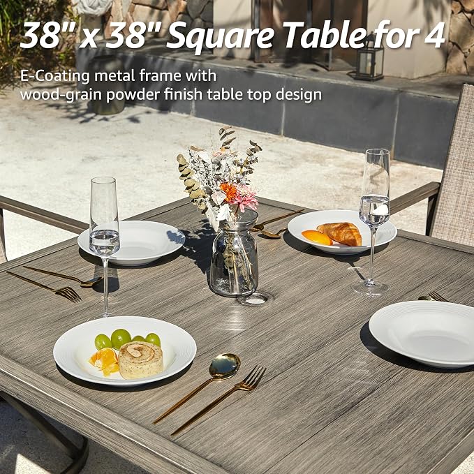 NATURAL EXPRESSIONS 5 Piece Outdoor Patio Dining Set with 4 Swivel Dining Chairs & 38'' Square Woodgrain Dining Table, Gray Textilene Mesh Fabric Chair for All Weather Deck Lawn Garden