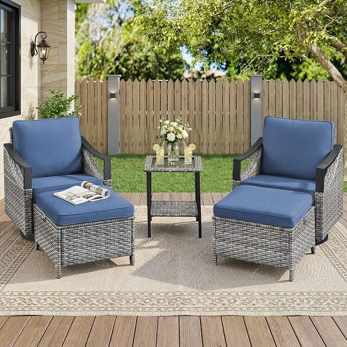5 Pieces Wicker Outdoor Patio Furniture Set-All-Weather Wicker Patio Swivel Glider Chairs with 2 Ottoman and Glass Side Table, Outdoor Patio Conversation Sets for Porch Balcony Deck Blue/Grey