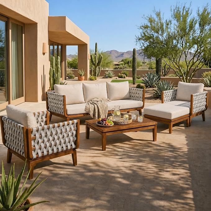 Christopher Knight Home Gwen 5 Piece Acacia Wood Patio Conversation Set with Sofa, Coffee Table, Ottoman and Club Chairs, Patio Sofa Set with Cushions, Outdoor Patio Furniture Set for 6,Teak+Beige
