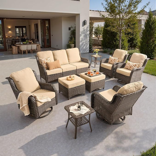 ovios 9-Piece Patio Furniture Set with Swivel Chairs Side Table, Outdoor Wicker Sofa with Comfy Cushions, High Back Couch Modern Conversation Sets, Brown/Beige