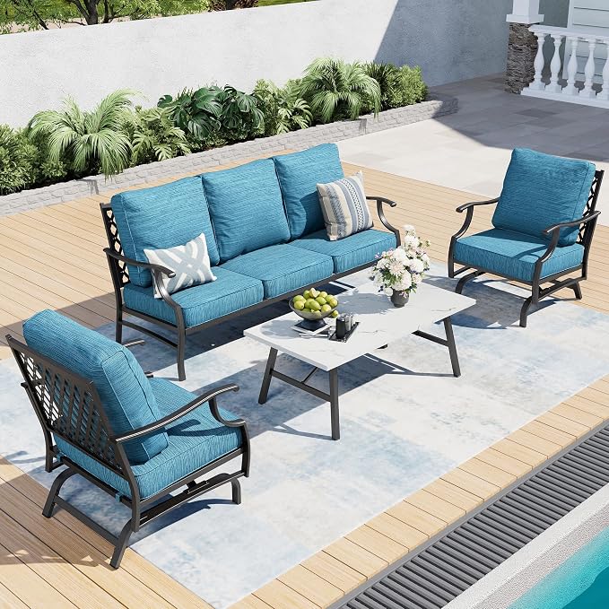 SUNSHINE VALLEY 4 Piece Metal Outdoor Patio Furniture Set, Patio Conversation Set 3-seater Sofa, 2 Rocking Chair with 5.75" Extra Thick Cushion and Coffee Table, Black Frame Backyard Furniture, Blue-2