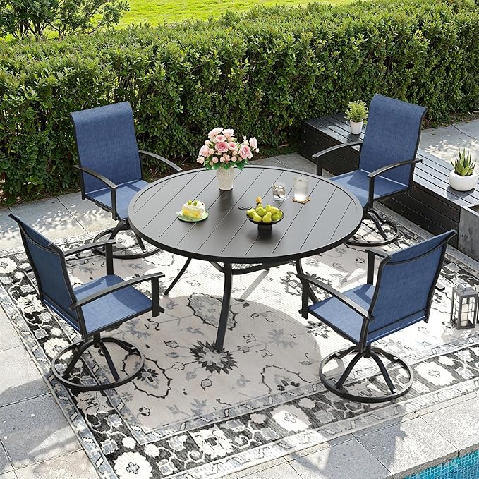 DIFY 5 Pieces Outdoor Dining Set for 4, 47.2" Black Round Metal Table with Umbrella Hole and Blue Textilene Swivel Patio Chairs, Patio Table and Chairs Set for Garden, Backyard, Poolside