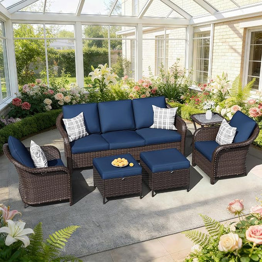6 PCS Outdoor Conversation Set | 78" Couch, 2 Chairs, 1 Side Table, 2 Ottomans, Patio Wicker Conversation Furniture with Removable Cushions for Bistro, Deck, Sunroom (Navy Blue)