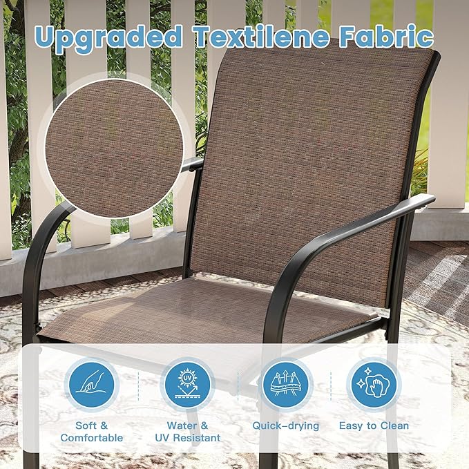 DIFY Outdoor Dining Set for 8, Patio Dining Furniture Set Includes 53" Walnut Round Table with Adjustable Umbrella Hole and 8 Brown Stackable Metal Chairs for Poolside, Garden, Backyard