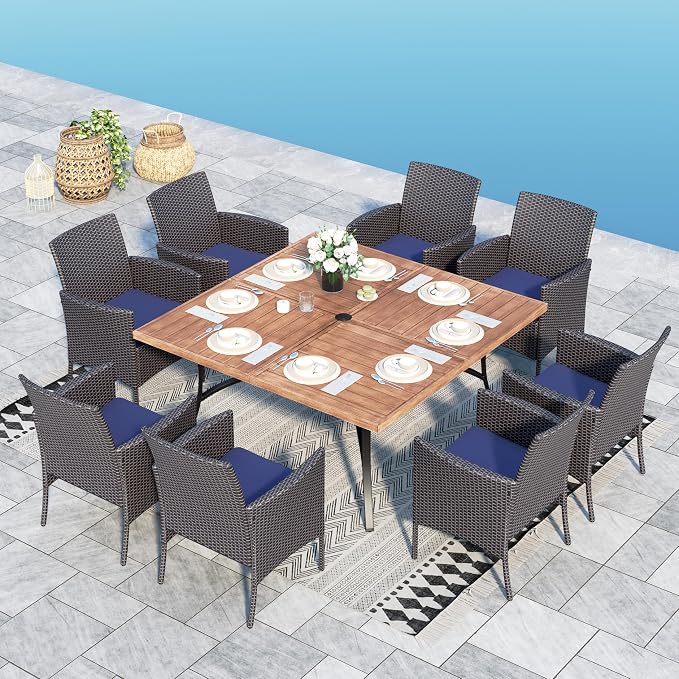 Sophia & William 9pc Square Patio Dining Set for 8, Rattan Chairs | Patio Table Set for 8, Teak Color Metal Table with Umbrella Hole, Wicker Chairs, Rust-Resistant Frame