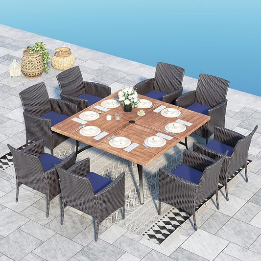 Sophia & William 9pc Square Patio Dining Set for 8, Rattan Chairs | Patio Table Set for 8, Teak Color Metal Table with Umbrella Hole, Wicker Chairs, Rust-Resistant Frame