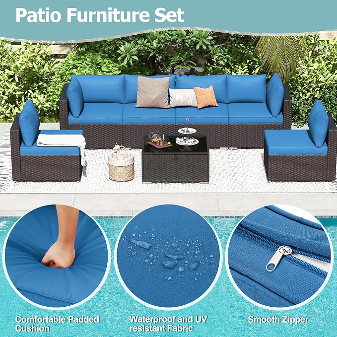 HOMREST 7 Piece Patio Furniture Set with Adjustable Bracket All-Weather Wicker Conversation Set with Coffee Table for Porch Garden Backyard (Blue)