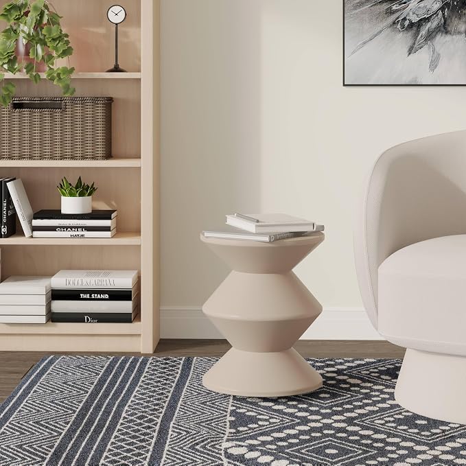 LeisureMod Aura Collection Modern Round Side Table - Ivory ABS Plastic Double-Hourglass Pedestal - No Assembly Weatherproof Accent Furniture for Living Room, Patio & Outdoor Decor