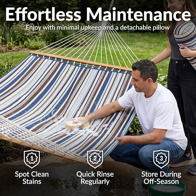 Sunnydaze Quilted Double Hammock for Outside with Spreader Bars and Pillow - 450 lb Capacity, 74x55 Inch Bed, UV Resistant, Quick Dry - Chains Included, Stand Sold Separately - Ocean Isle
