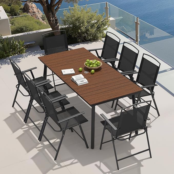 Crestlive Products 9 Piece Patio Dining Set, 70" Walnut Metal Outdoor Table and 8 Folding Chairs, with Umbrella Hole for Porch Poolside Yard Garden, Black