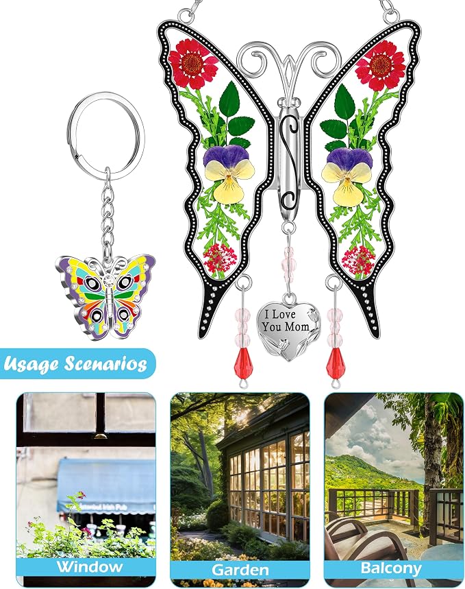 KY&BOSAM Butterfly Pressed Flowers Suncatcher Stained Glass Window Hanging | I Love You Mom Charm Sun Catchers Wind Chimes Ornament,Metal & Dried Flowers,Mothers Day Gifts for Mom Birthday Christmas