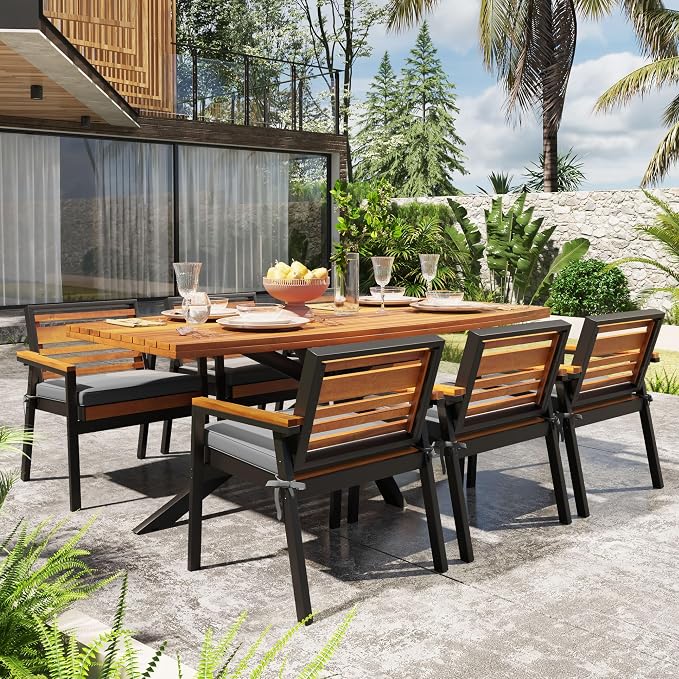 7 Pieces Metal Patio Dining Table Set with Acacia Wood, 74.8" Large Dinner Table, 6 Chairs with Dual-Layer Iron and Detachable Cushions, Outdoor or Indoor Furniture for Garden or Backyard, Black Gray