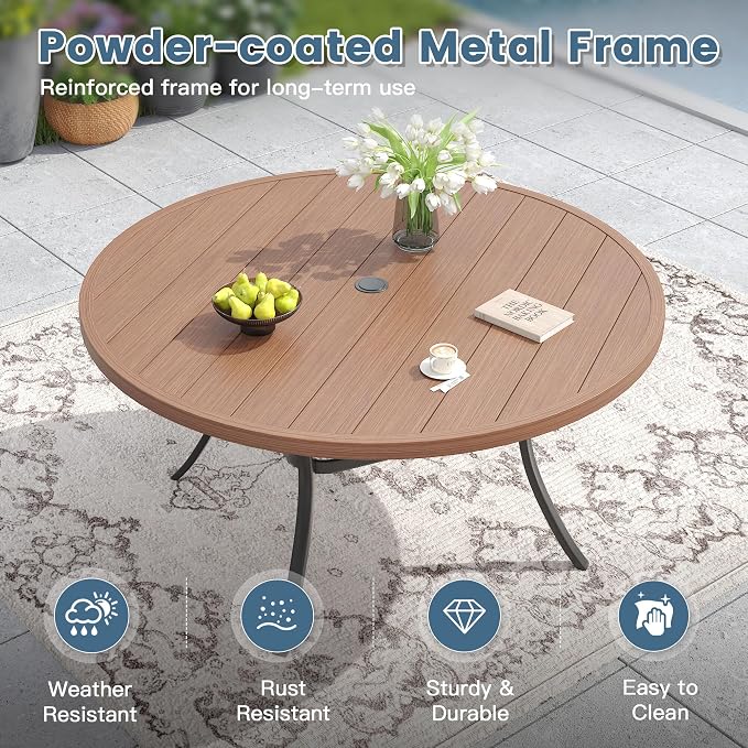 DIFY 7 Piece Outdoor Dining Set, Patio Table and Chairs Set for 6 with Umbrella Hole, 50" Walnut Round Dining Table & Stackable Wicker Patio Chairs, Metal Patio Furniture Set for Garden Backyard