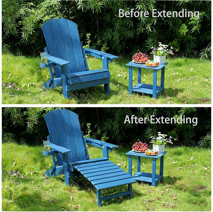Outdoor Foldable Adirondack Chair with footrest,Patio Recliner,3-Level Adjustable Backrest,Hidden Ottoman,Ergonomic Design,Ideal for Patio,Camping, Pool Use.(Blue)