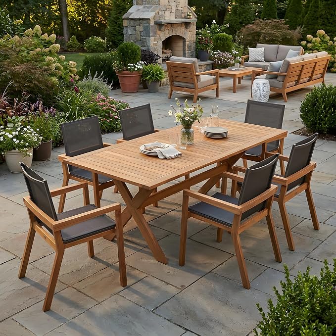 Christopher Knight Home Tomi 7 Piece Acacia Wood Outdoor Dining Table Set for 6, Extendable Dining Table and 6 Chairs with Mesh Back & Seat, Wooden Outdoor Patio Furniture Set, Teak + Black