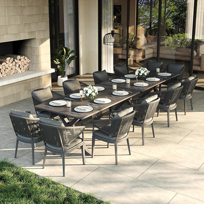 LayinSun 14 Piece Outdoor Dining Table Set, Aluminum Modern Rectangular Dining Table and All-Weather Wicker Chairs Set for Patio Deck Indoor Decor Kitchen