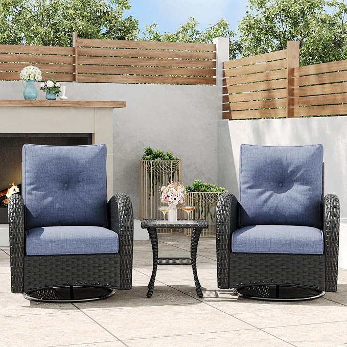 3 Pieces Outdoor Wicker Patio Swivel Rocking Chairs, All Weather Wicker Conversation Set with Side Table