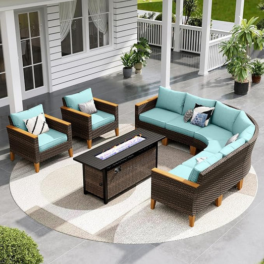 Sophia & William Patio Furniture Set with Fire Pit Table, 9 Piece Half Moon Outdoor Wicker Sectional Sofa Set, Rattan Conversation Set with 56-Inch Fire Pit Table for Backyard, Deck, Pool(Aqua Blue)