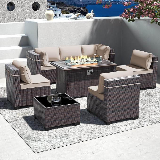 Outdoor Patio Furniture Set with Gas Fire Pit Table, 8 Pieces Outdoor Furniture Set Patio Sectional Sofa w/43in Propane Fire Pit, PE Wicker Rattan Patio Conversation Sets (Sand)