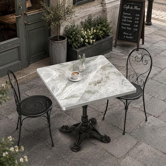 31.5" Outdoor Dining Table, Square Bistro Table w/Sintered Stone Tabletop | and Cast Iron Base, Weather Resistant Anti-Rust Small Bistro Table for 2-4 for Outdoor Garden Café Use (Silver Gray)