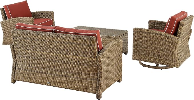Crosley Furniture Bradenton 4-Piece Wicker Outdoor Loveseat and Swivel Rocker Patio Furniture Set for Porch, Brown with Sangria Cushions
